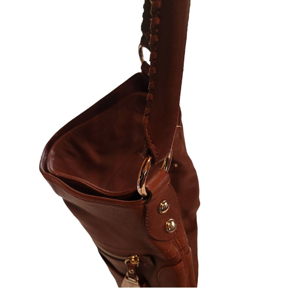 B Makowsky Brown Tan Pebbled Leather Leopard Print Lining Zip Handbag Purse Bag - Picture 6 of 11